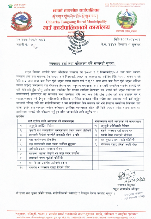 व्यवसाय दर्ता तथा नविकरण गर्ने सम्बन्धी सूचना ।